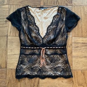 Leigh Bantivoglio black lace top lingerie-inspired v-neck shirt blouse